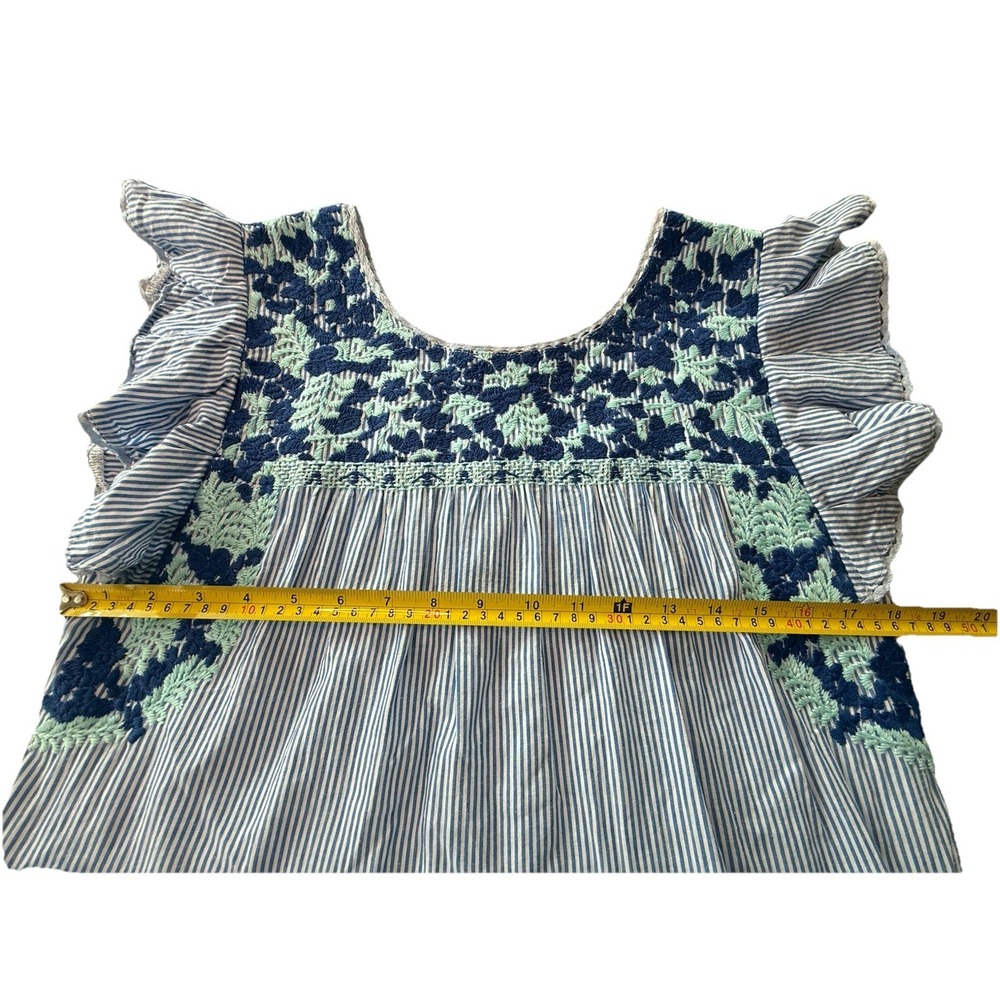 J Marie Kennedy Embroidered Tiered Dress Blue‎ Stripe Flutter Sleeve Boho M - Picture 6 of 9